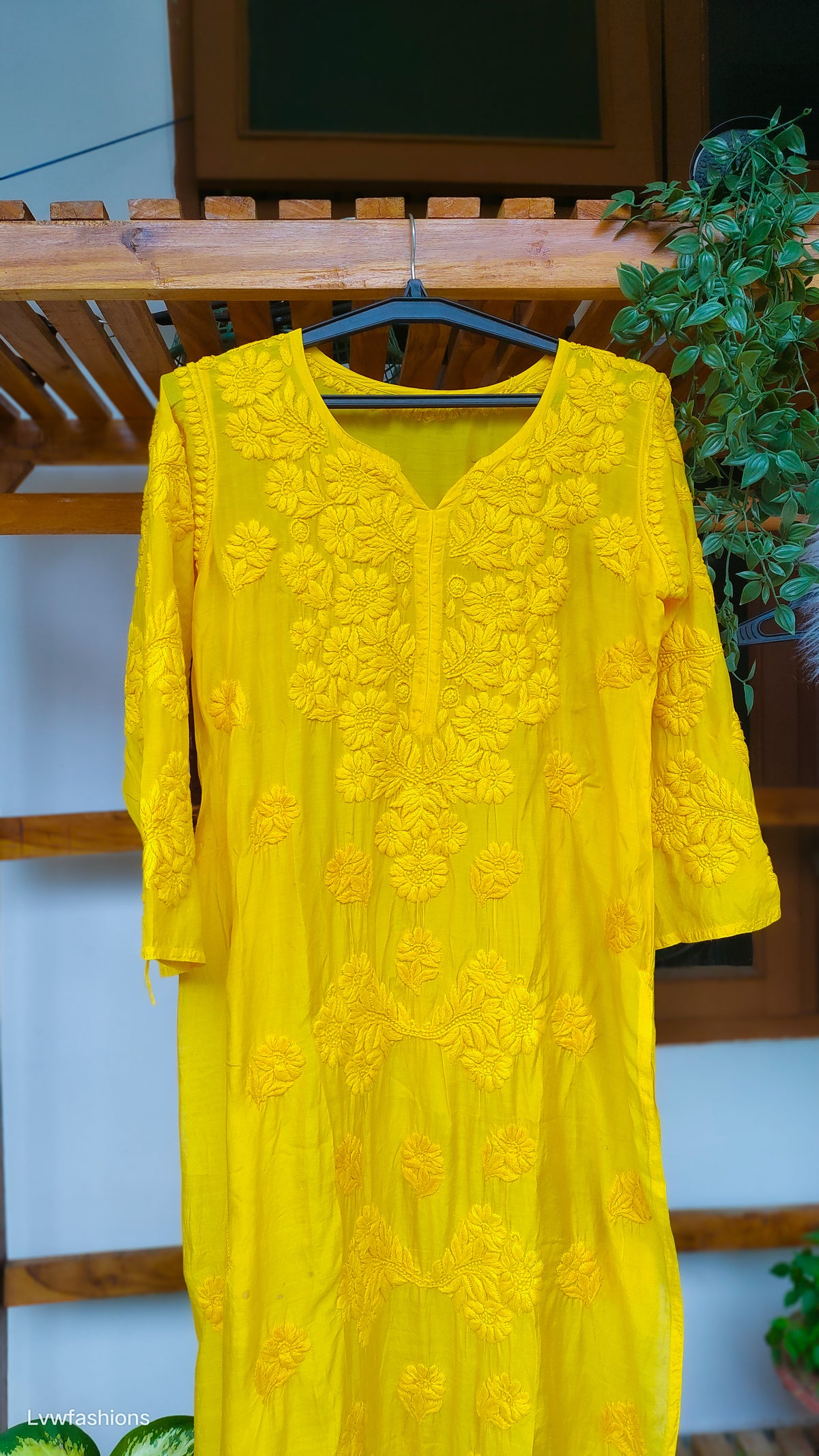 Hania premium silk Chikankari long kurta with detailed embroidery and sleeves, handmade Lucknow Chikankari by LVW Fashions.