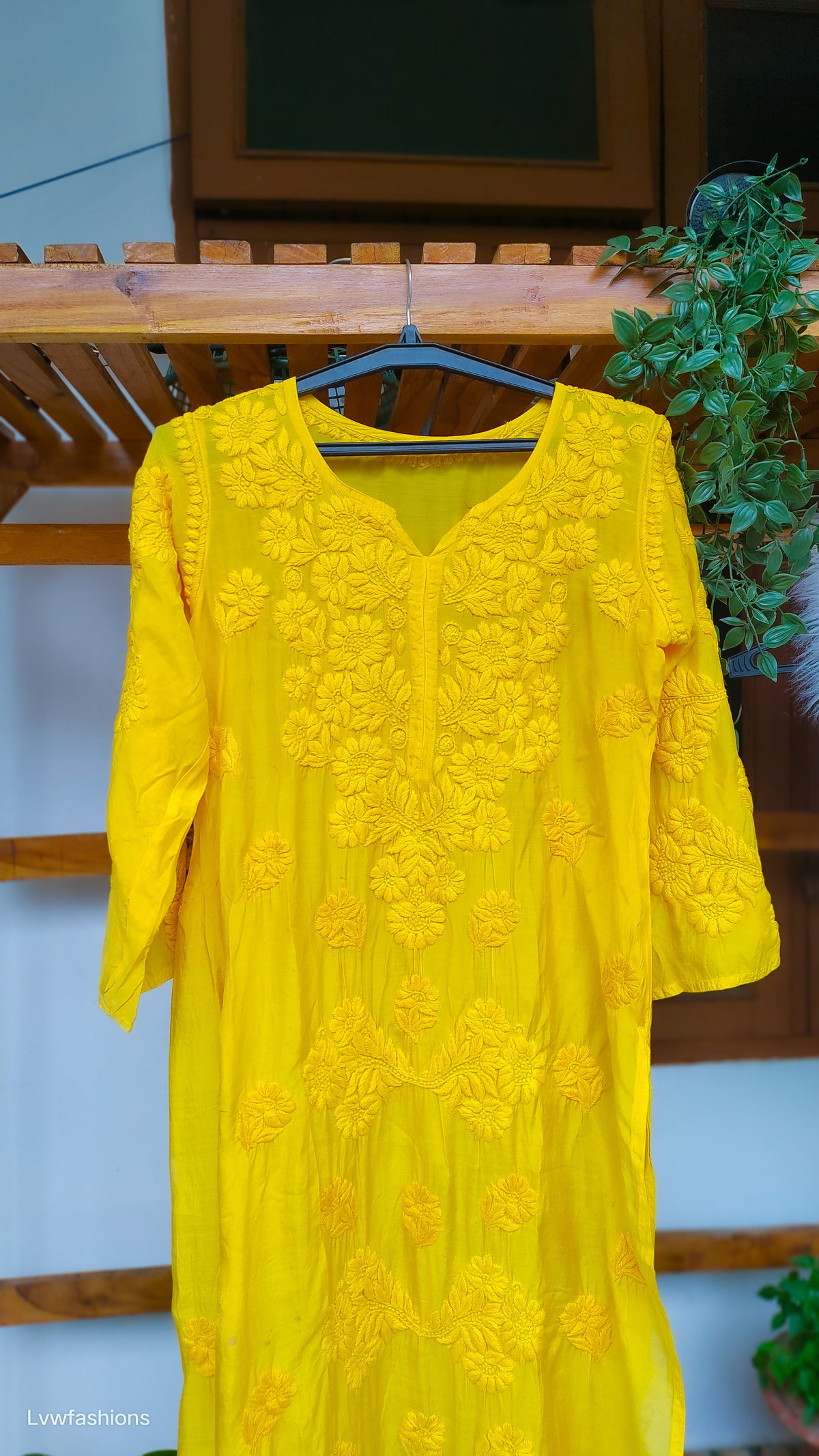 Hania premium silk chikankari long kurta with intricately embroidered sleeves, handmade by LVW Fashions from Lucknow Chikankari.