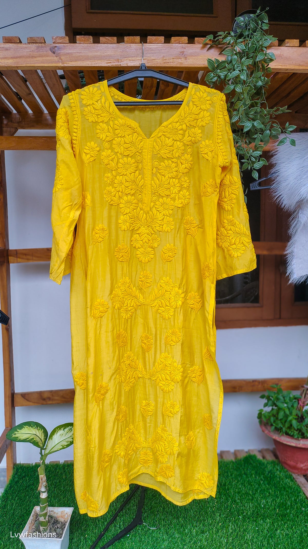 Hania Premium Silk Chikankari Long Kurta with specially designed sleeves, handmade by LVW Fashions in Lucknow Chikankari style.
