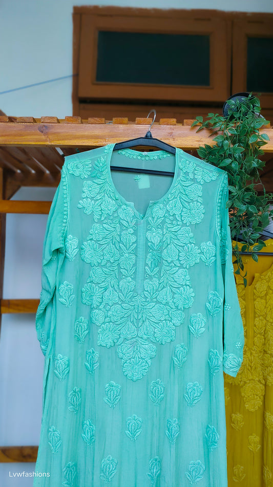 Handmade Hania premium silk Chikankari kurta with intricate Lucknow embroidery and a Daman design, by LVW Fashions.
