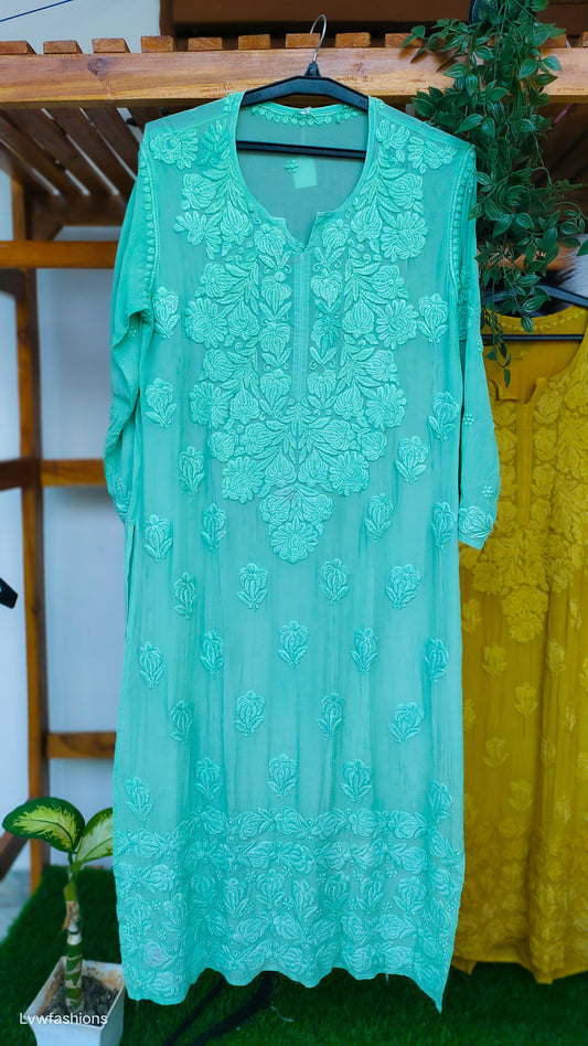 Hania Premium Silk Chikankari Kurta by LVW Fashions, handmade in Lucknow with intricate embroidery, featuring a Daman design.