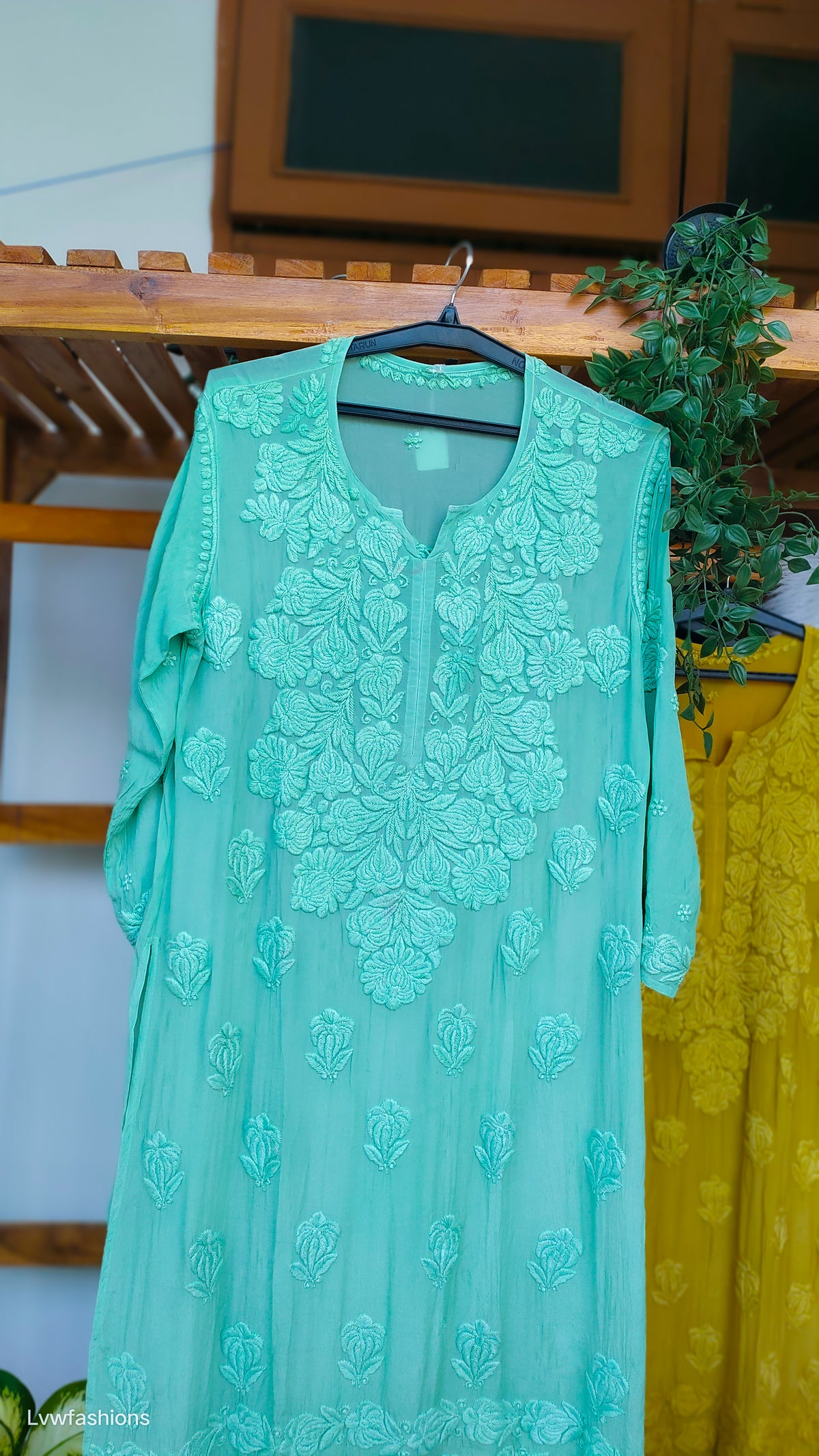 Hania Premium Silk Chikankari Kurta with Daman, handmade by LVW Fashions, featuring luxurious Lucknow Chikankari embroidery.