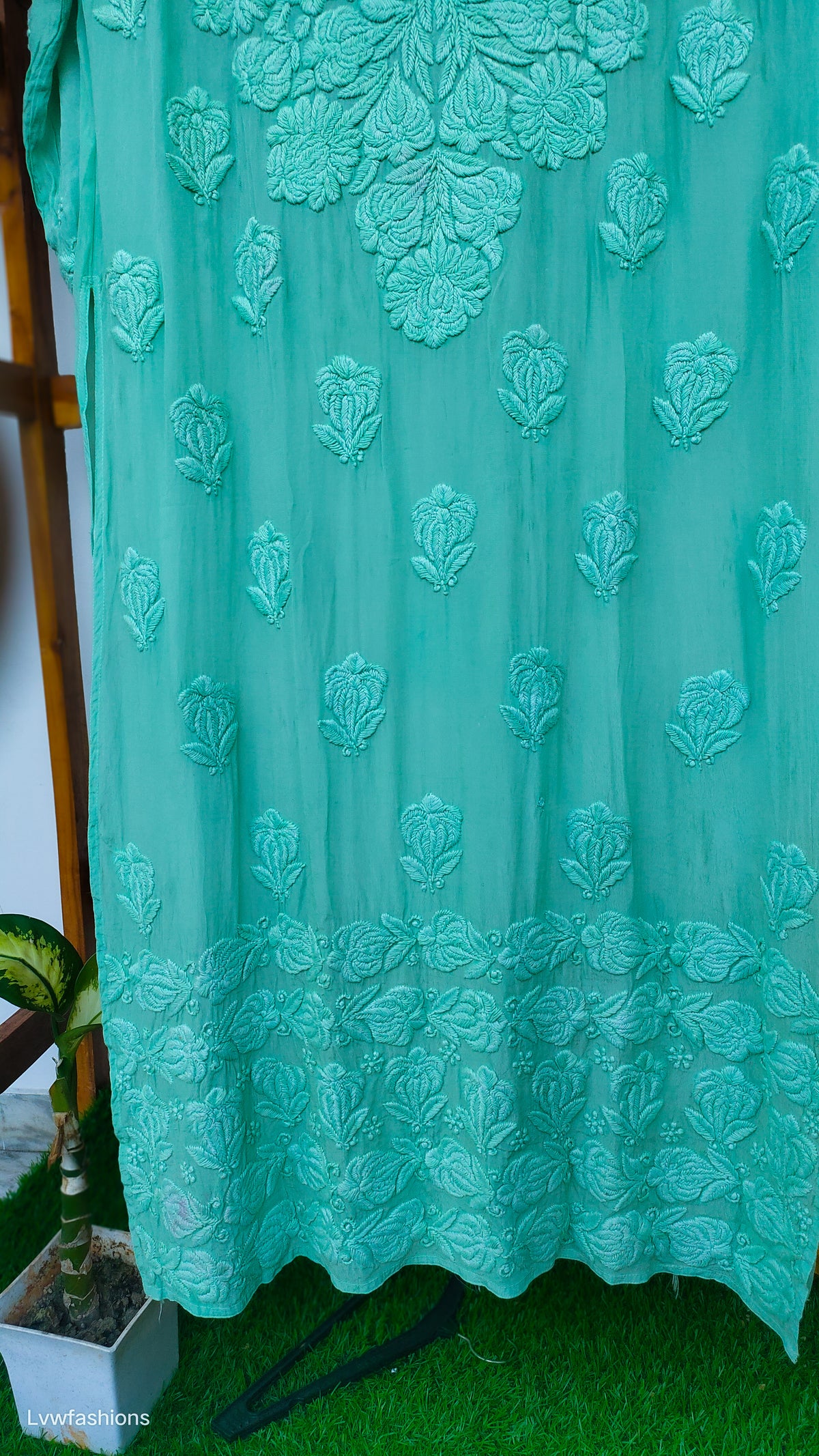 Hania Premium Silk Chikankari Kurta by LVW Fashions, handmade with luxurious look and detailed Lucknow embroidery, Daman style.