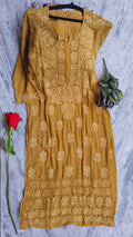 Hania Turmaric premium silk Chikankari kurta with heavy daman embroidery, handcrafted Lucknow Chikankari by LVW Fashions.
