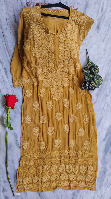 Hania Turmaric premium silk Chikankari kurta with heavy daman embroidery, handcrafted Lucknow Chikankari by LVW Fashions.