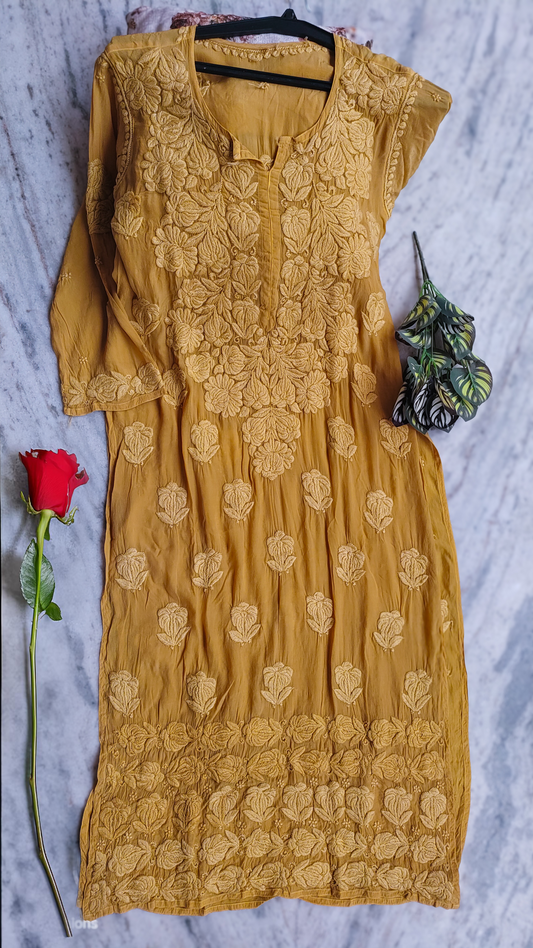 Hania Turmaric premium silk Chikankari kurta with heavy daman embroidery, handcrafted Lucknow Chikankari by LVW Fashions.