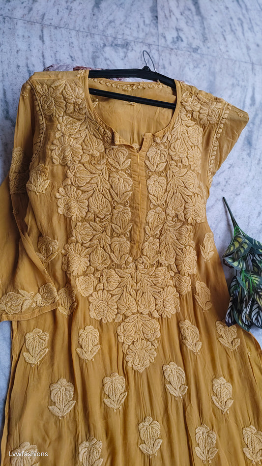 LVW Fashions Hania Turmaric premium silk chikankari kurta with heavy daman, handcrafted Lucknow chikankari, featuring intricate embroidery.