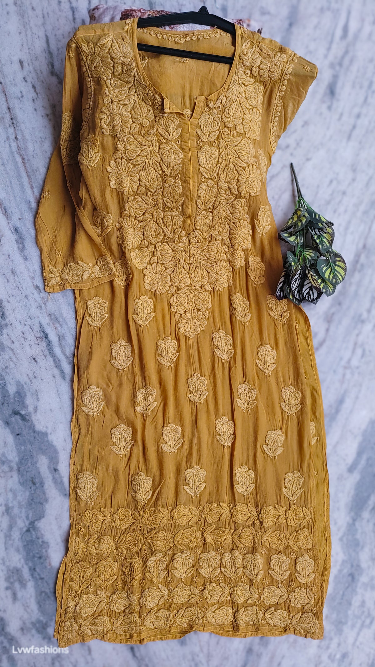 Hania Turmaric premium silk Chikankari Kurta with heavy daman embroidery, handmade by LVW Fashions in Lucknow Chikankari style.
