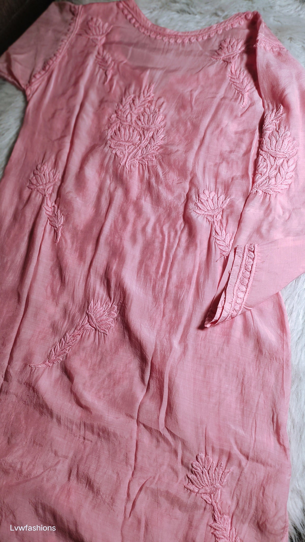 Handmade LVW Fashions Chikankari Kurta in delicate Lucknow embroidery, designed for custom order, featuring intricate craftsmanship.