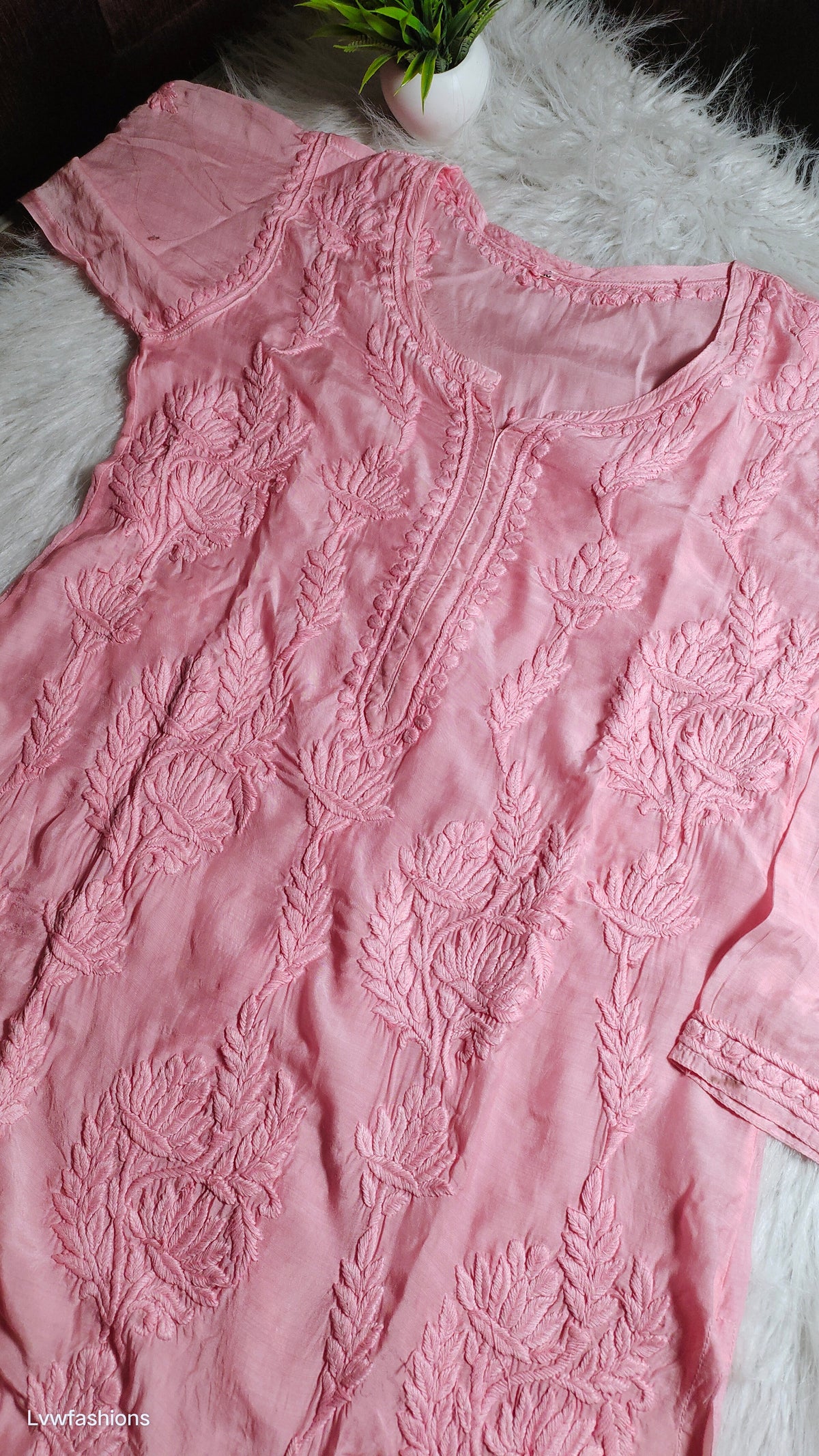 Handmade LVW Fashions Chikankari Kurta in delicate Lucknow embroidery, designed to order, showcasing intricate craftsmanship.