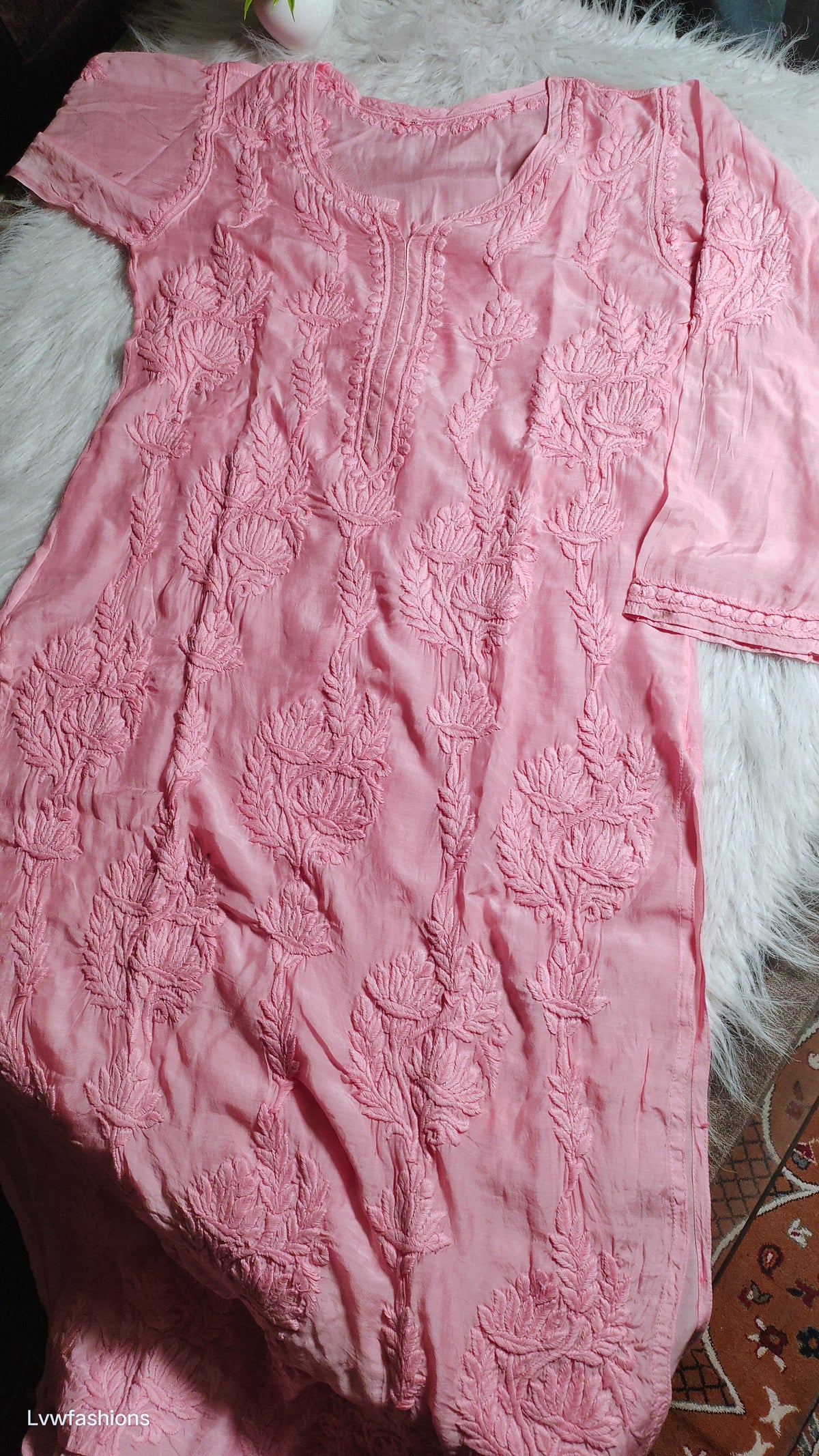 Handmade LVW Fashions Chikankari Kurta in delicate Lucknow embroidery, designed on order, featuring intricate craftsmanship.