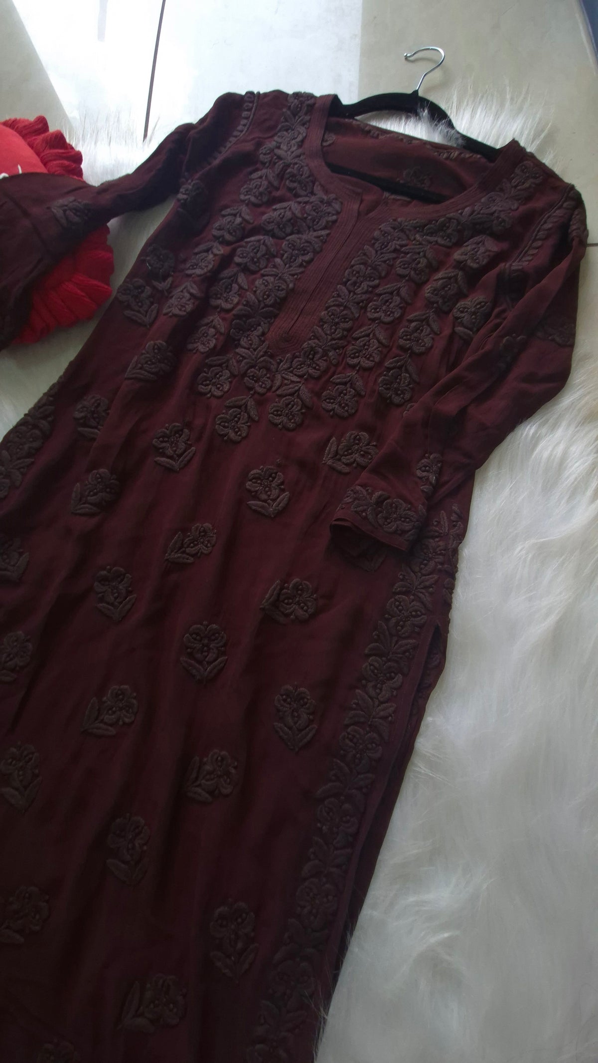 Hazel brown luxurious georgette Chikankari kurta set for women, handmade by LVW Fashions with intricate Lucknow Chikankari details.
