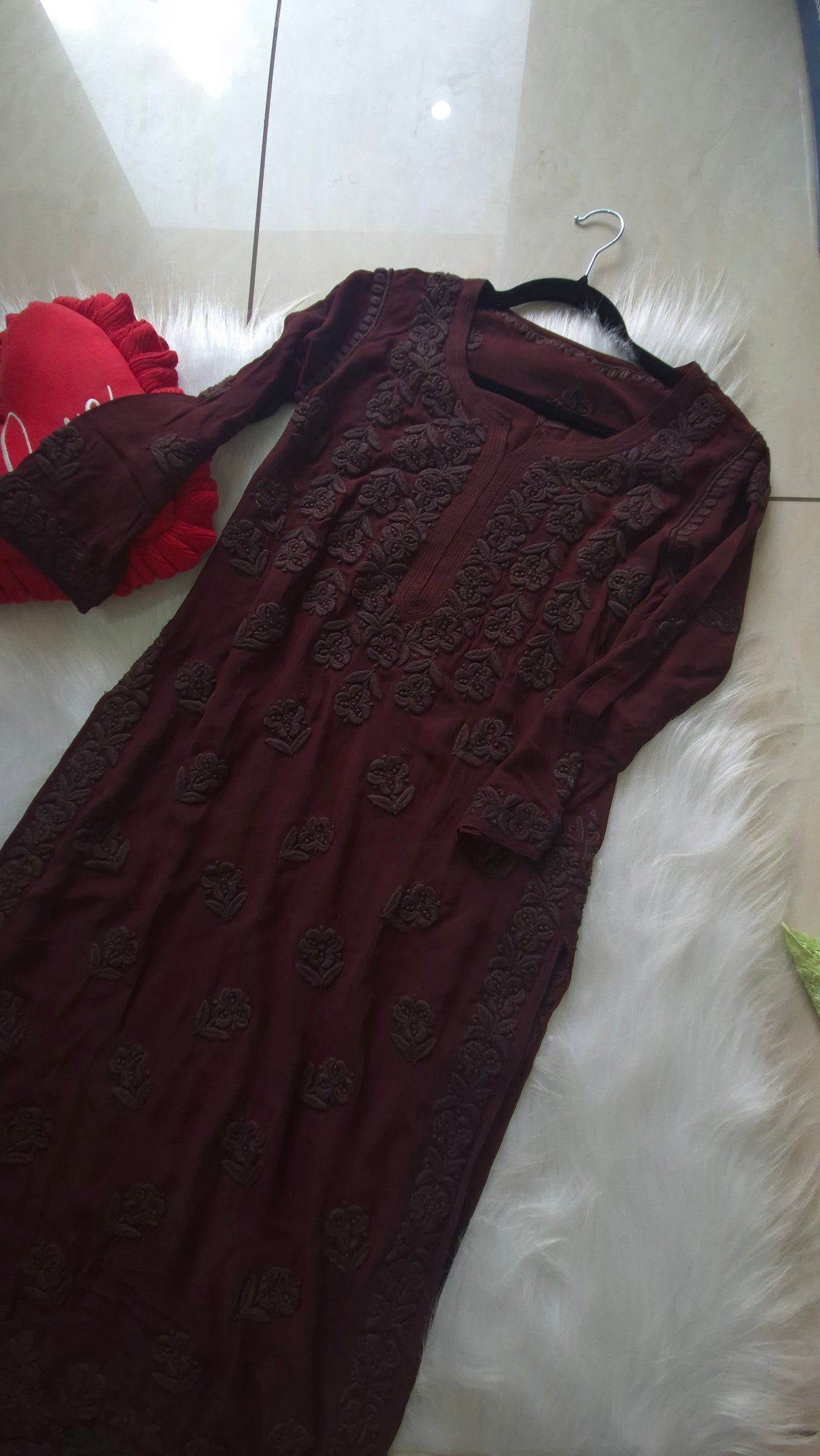 Hazel brown LVW Fashions handmade Chikankari kurta set for women, luxurious Georgette fabric, intricate Lucknow chikankari embroidery.