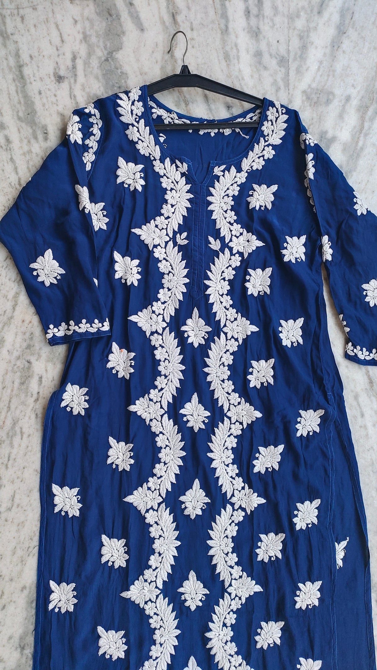 Handcrafted silk Chikankari kurti set for women featuring intricate embroidery, from LVW Fashions, in a traditional Lucknow Chikankari style.