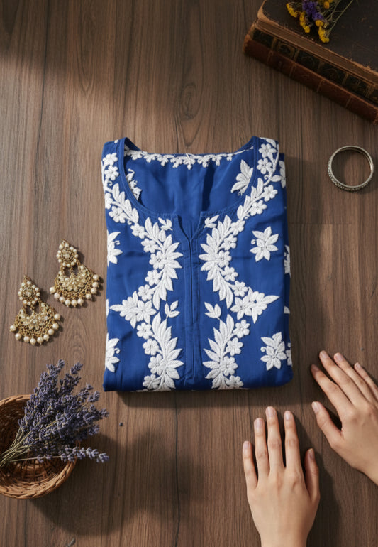 Handcrafted silk Chikankari kurti set for women with intricate embroidery, from LVW Fashions, featuring traditional Lucknow Chikankari.