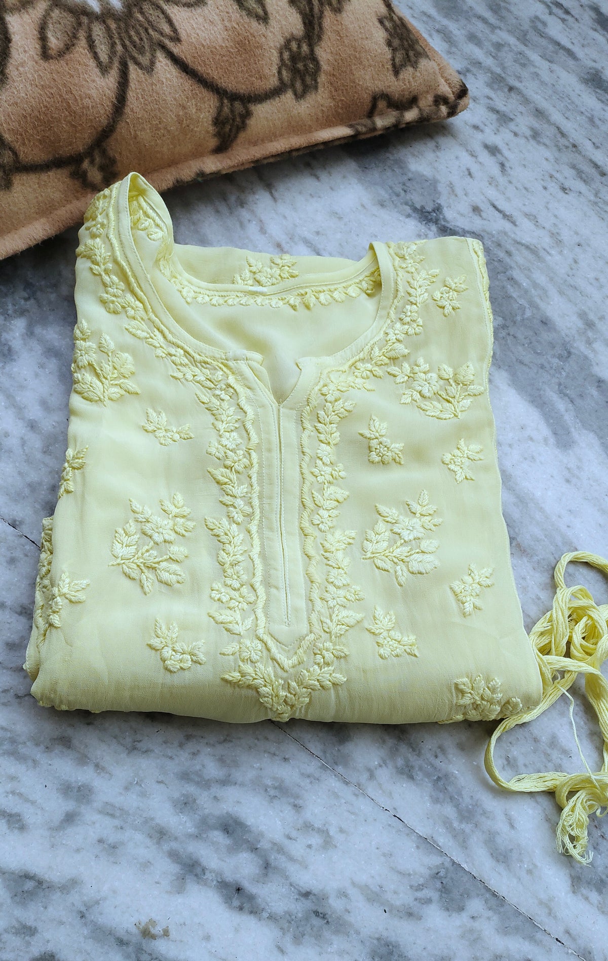 Heer Lemon Yellow Premium Georgette Chikankari Long Kurta by LVW Fashions, showcasing intricate handmade Lucknow Chikankari details.