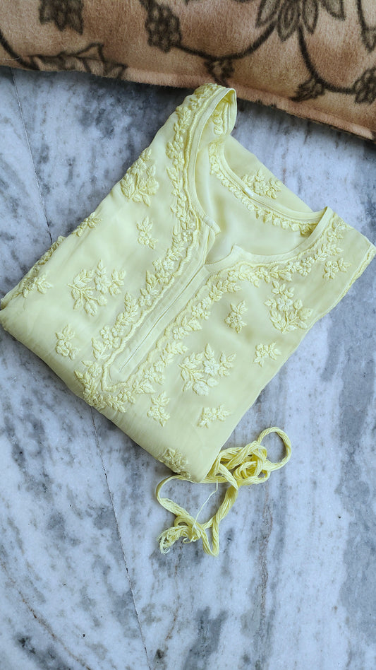 Heer Lemon Yellow Premium Georgette Chikankari Long Kurta