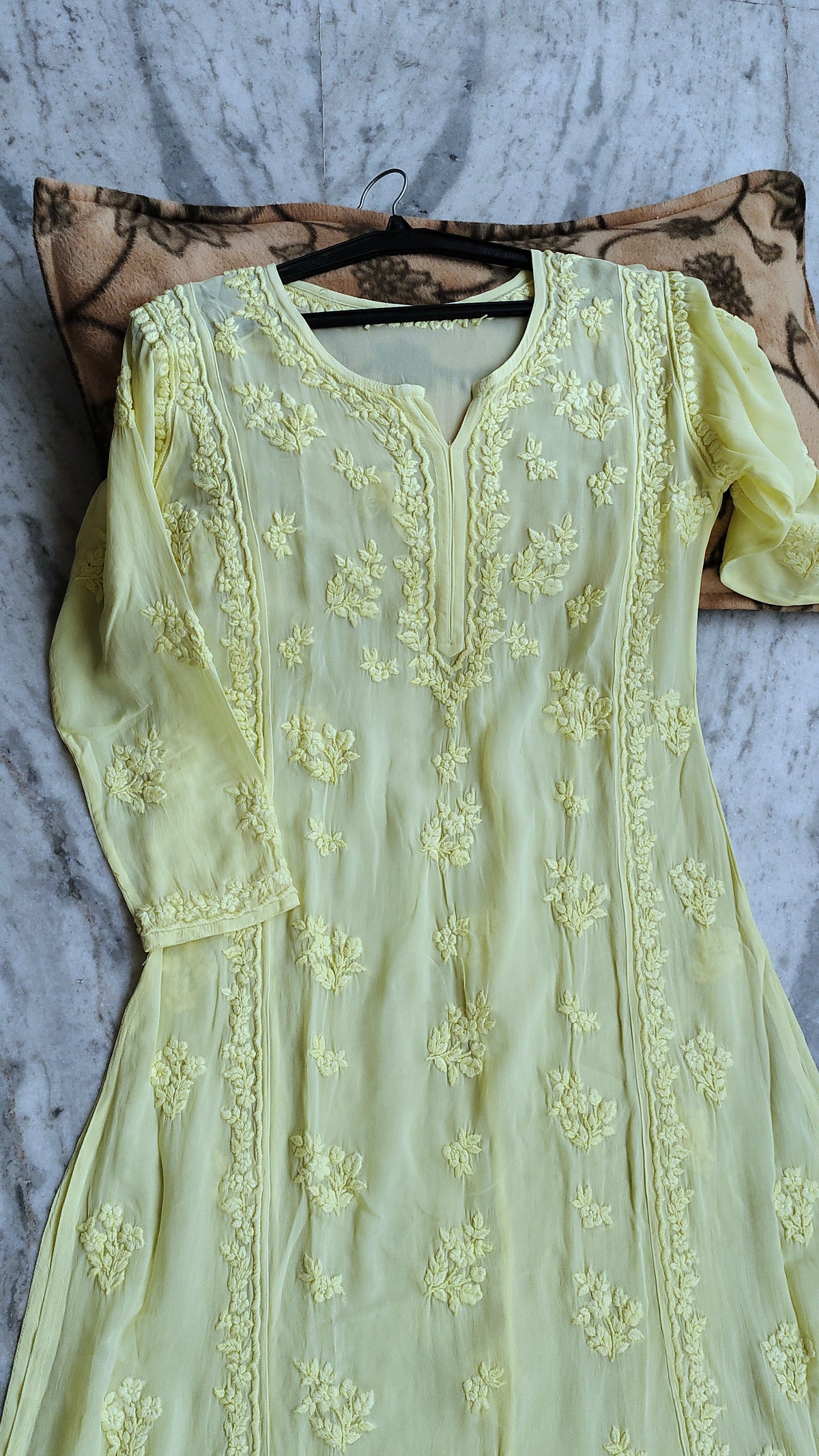 Heer Lemon Yellow premium georgette long kurta with intricate handmade Lucknow chikankari embroidery by LVW Fashions.