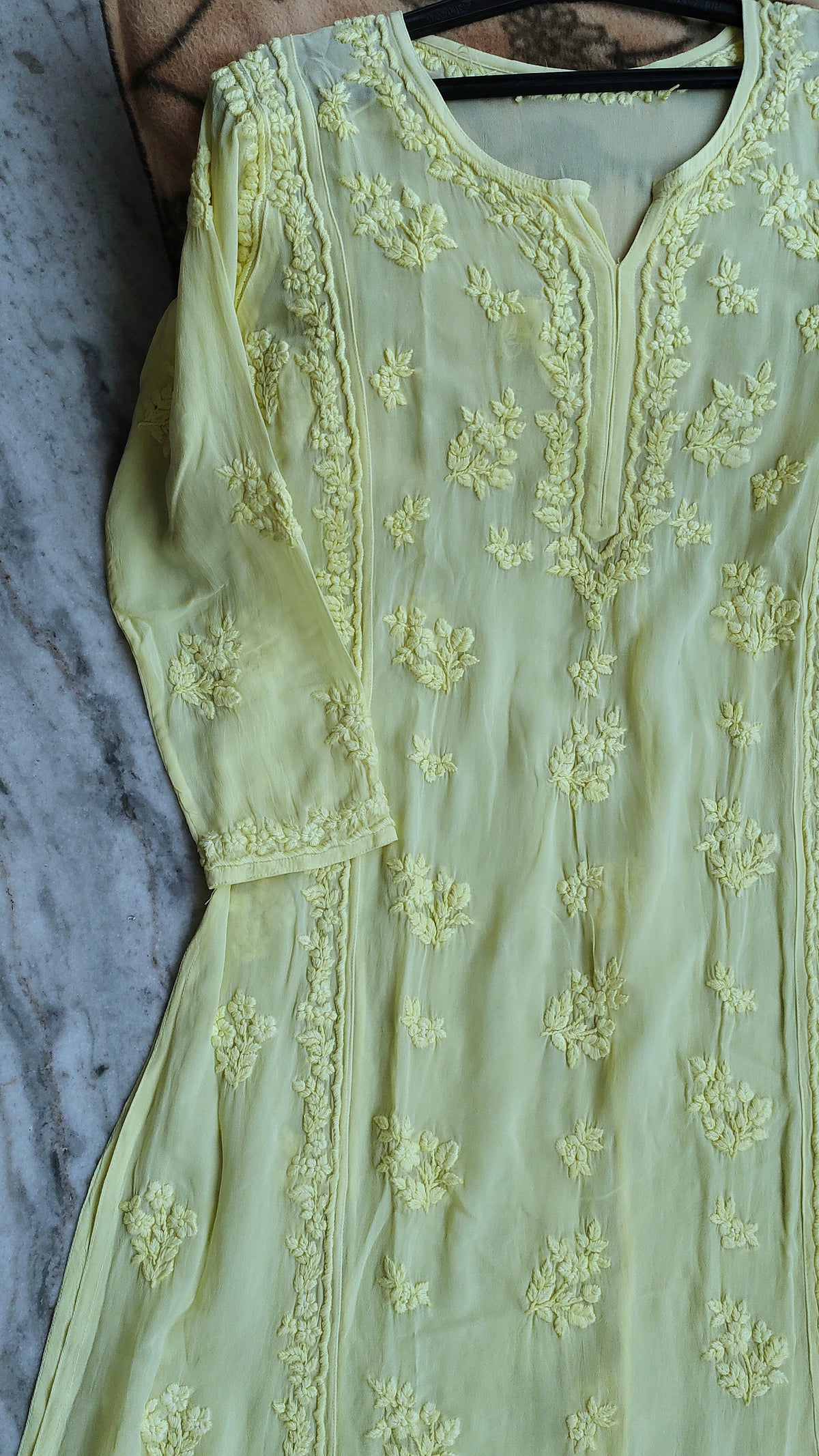 Heer lemon yellow premium georgette long kurta with intricate handmade Lucknow chikankari embroidery, styled by LVW Fashions.