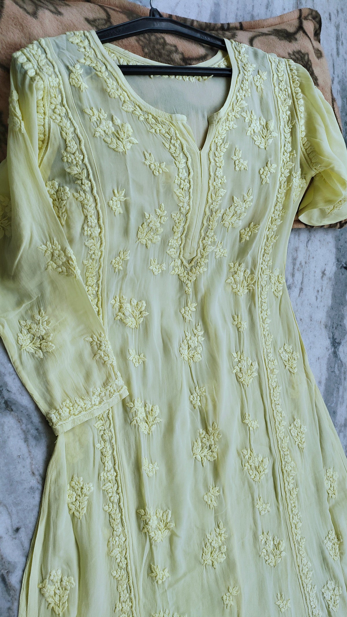 Heer lemon yellow premium georgette long kurta with intricate handmade Lucknow chikankari embroidery by LVW Fashions.