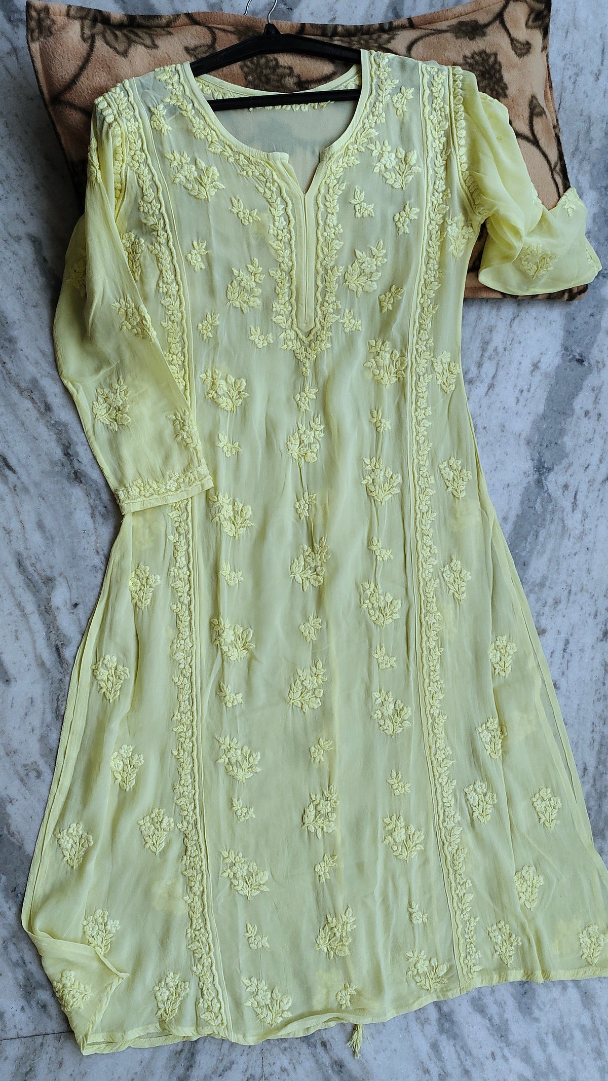 Heer Lemon Yellow premium Georgette long Kurta with intricate handmade Lucknow Chikankari embroidery by LVW Fashions.