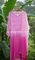 Heer pink ombre premium georgette Chikankari kurti set for women, handmade Lucknow chikankari by LVW Fashions, showcasing intricate embroidery.