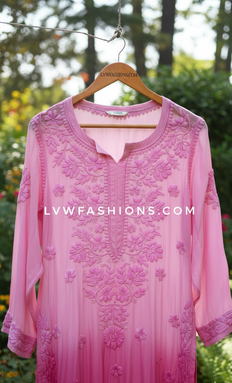 Heer Pink Ombre Georgette Chikankari Kurti set for women, handmade Lucknow chikankari embroidery, elegant traditional attire