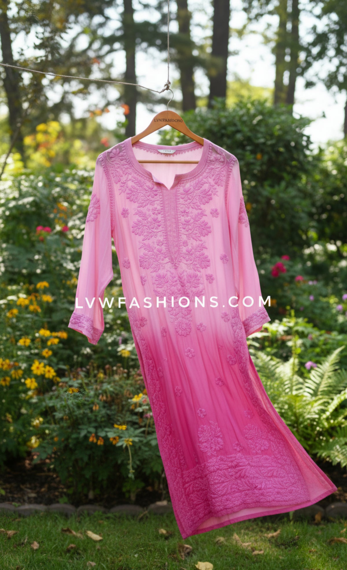 Heer pink ombre premium georgette Chikankari Kurti set for women, handmade Lucknow Chikankari by LVW Fashions.