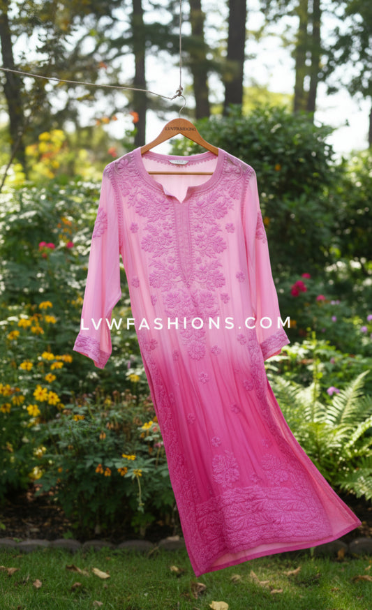 Heer pink ombre premium georgette Chikankari Kurti set for women, handmade Lucknow Chikankari by LVW Fashions.