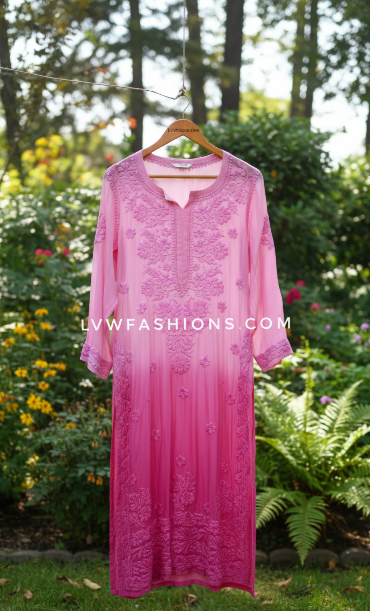Pink ombre georgette Kurti set for women with intricate handcrafted Lucknow Chikankari embroidery by LVW Fashions.