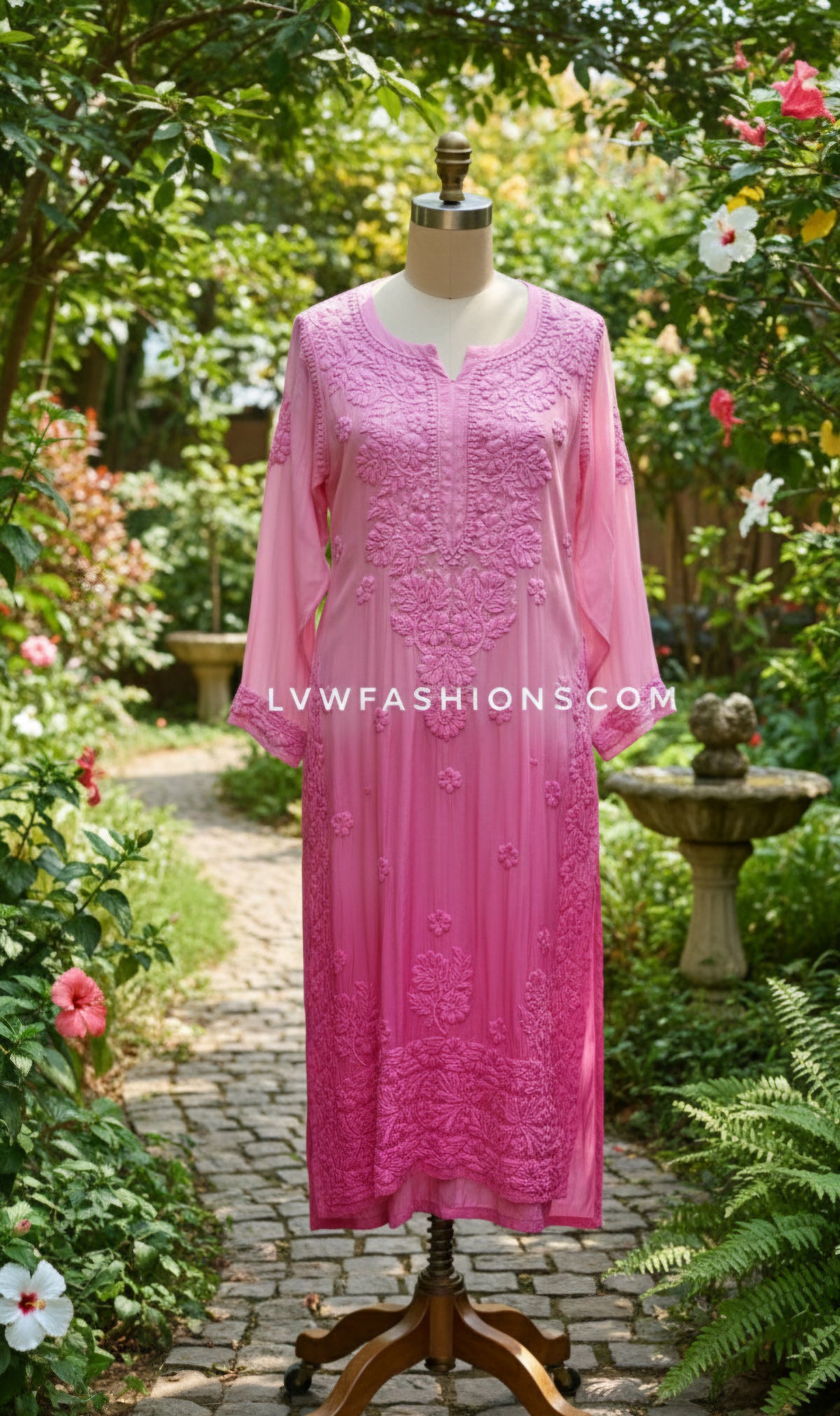 Heer pink ombre premium georgette Chikankari Kurti set for women, handmade Lucknow Chikankari by LVW Fashions.