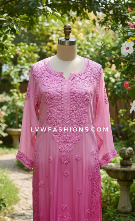 Heer pink ombre premium georgette Chikankari kurti set for women, handmade Lucknow chikankari with intricate embroidery.