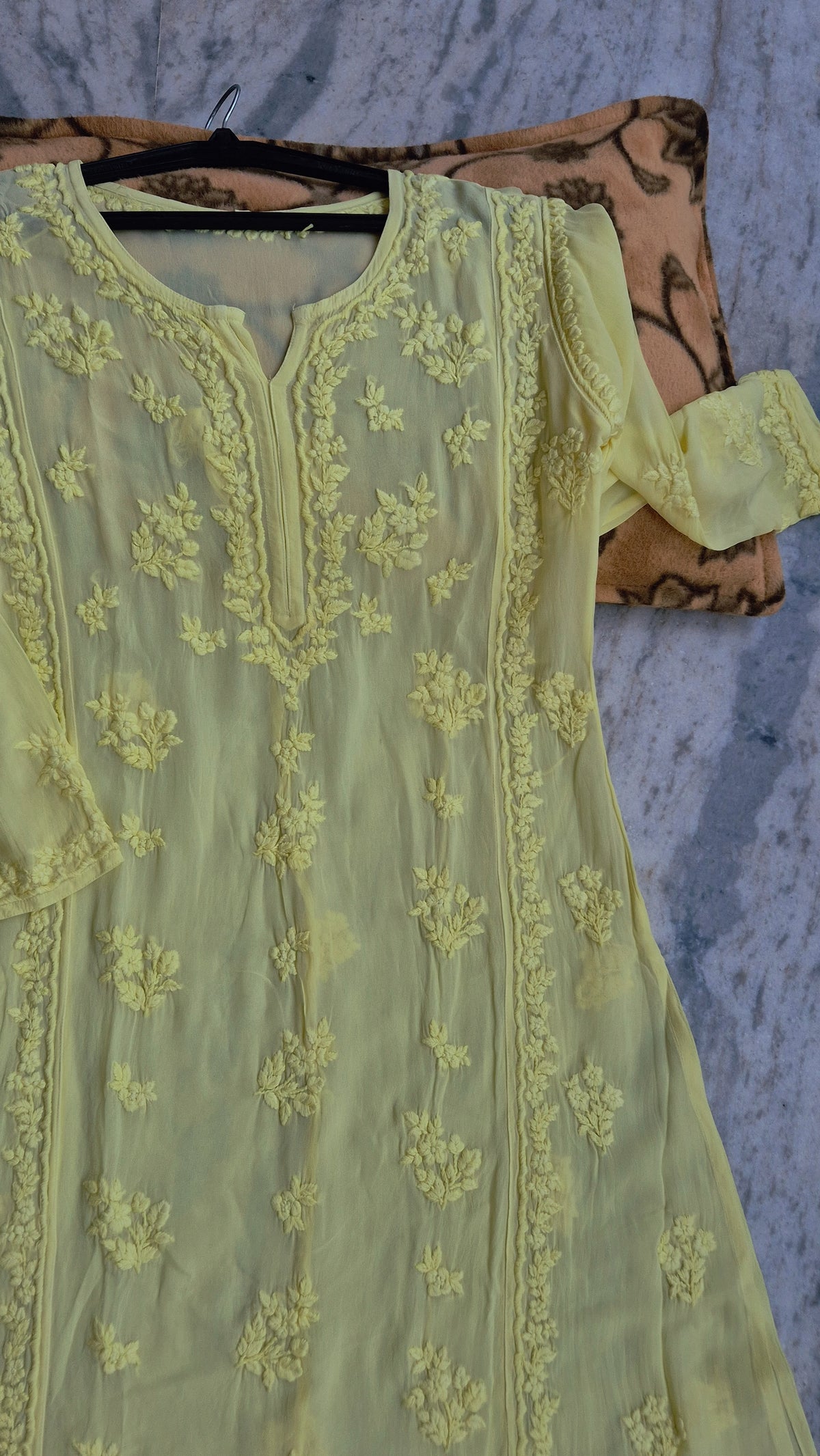 Heer Premium Georgette Chikankari long straight Kurti by LVW Fashions, featuring intricate Lucknow Chikankari embroidery.