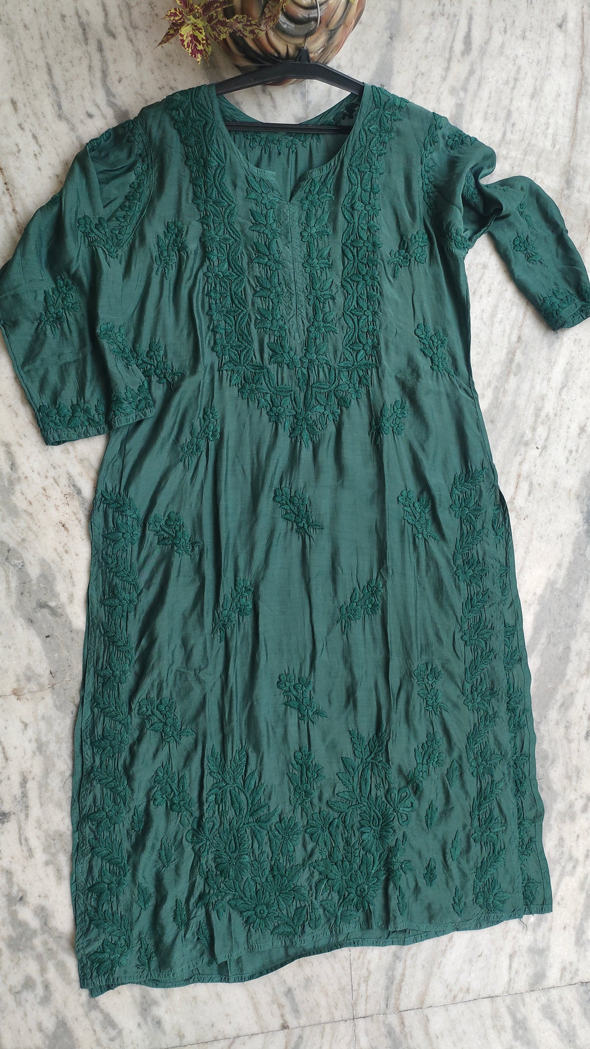 Heer Premium Soft Silk Chikankari Long Kurta by LVW Fashions, handmade Lucknow chikankari with intricate embroidery displayed.