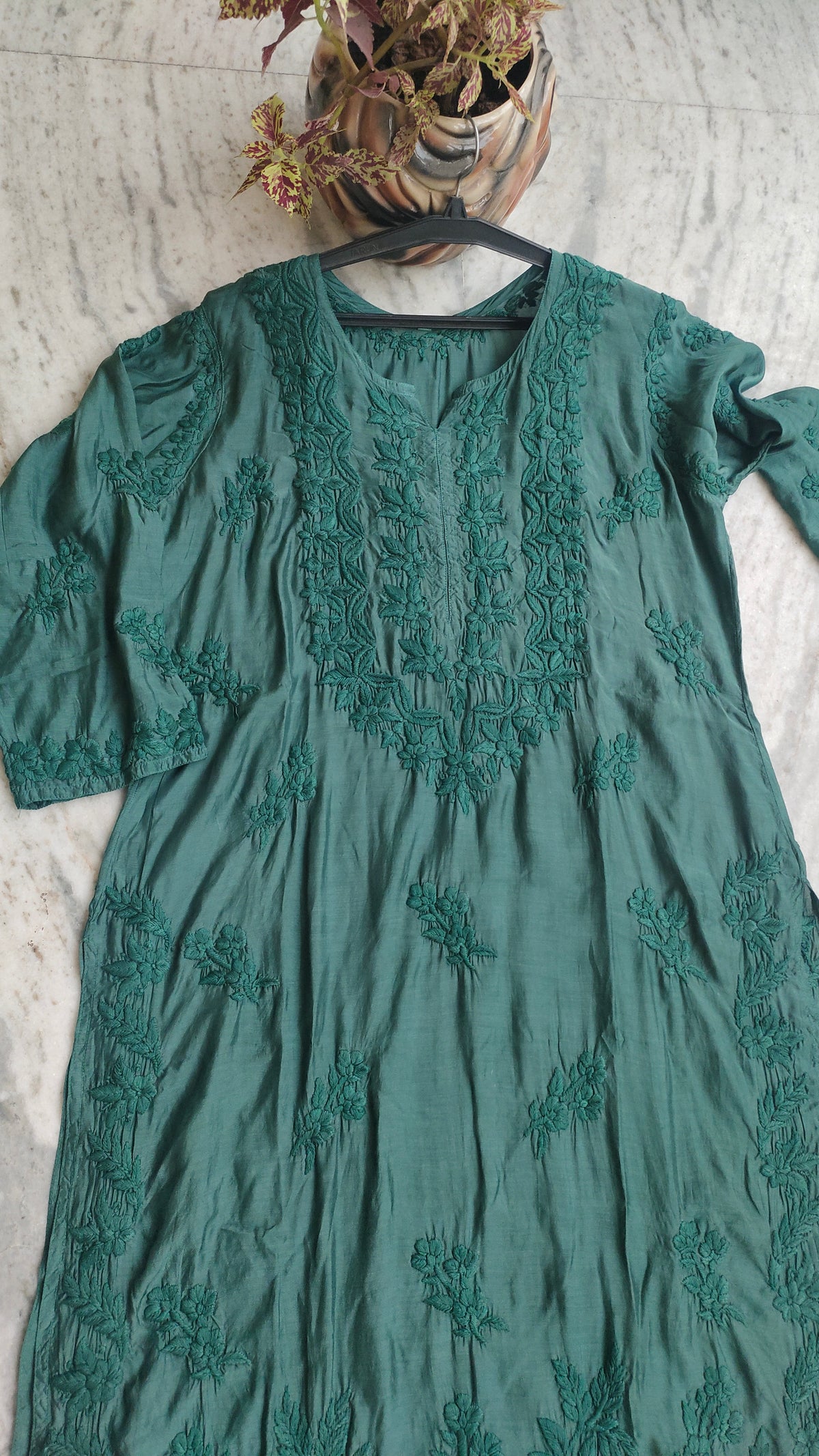 Heer Premium soft silk Chikankari long kurta by LVW Fashions, handcrafted Lucknow Chikankari with intricate embroidery.