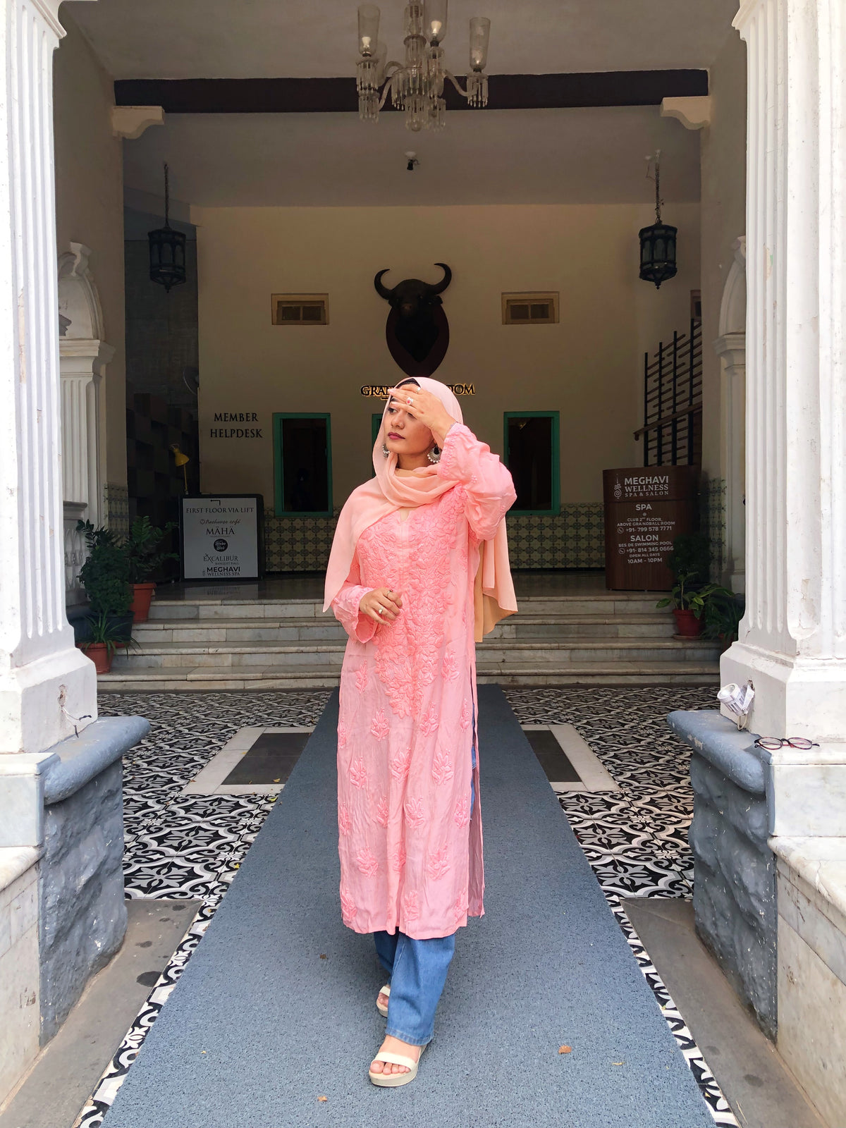 Heer Shining Silk Premium Chikankari Long Kurta by LVW Fashions featuring intricate Lucknow Chikankari embroidery on silk fabric.