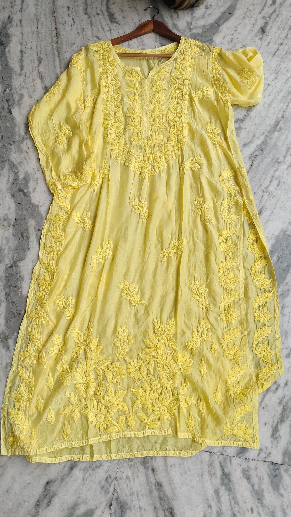 Heer Yellow Shine premium silk Chikankari long kurta by LVW Fashions, handcrafted Lucknow Chikankari with intricate embroidery.