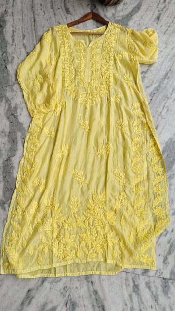 Heer Yellow Shine premium silk Chikankari long kurta by LVW Fashions, handcrafted Lucknow Chikankari with intricate embroidery.