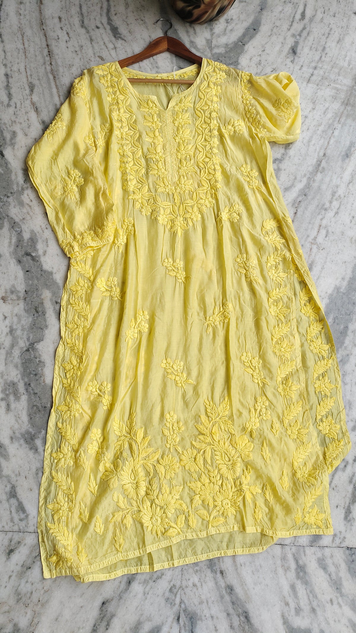 Heer Yellow Shine premium silk Chikankari long kurta by LVW Fashions, handmade Lucknow chikankari with intricate embroidery.