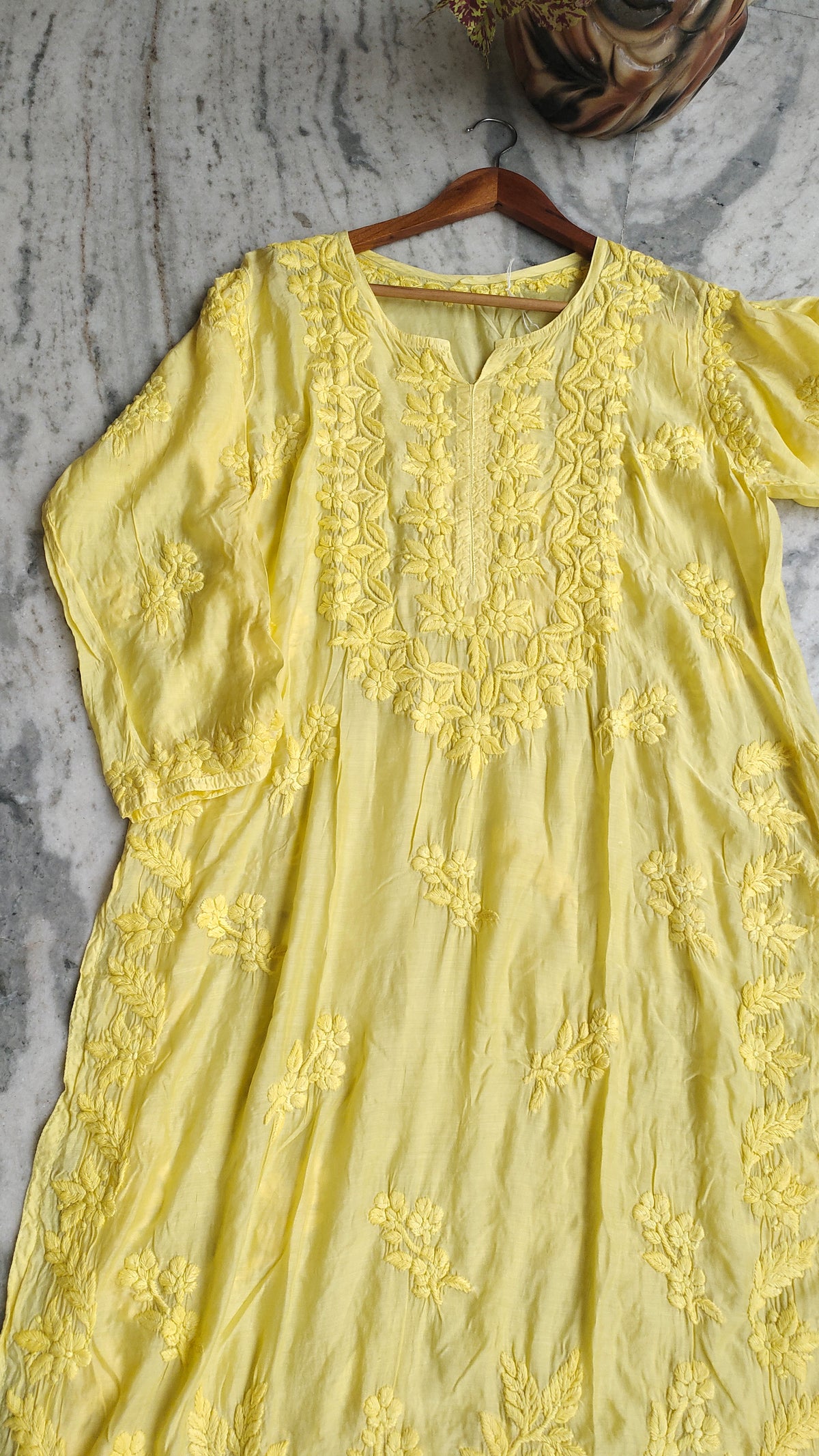 Heer Yellow Shine premium silk long Kurta with intricate handmade Lucknow Chikankari embroidery by LVW Fashions.