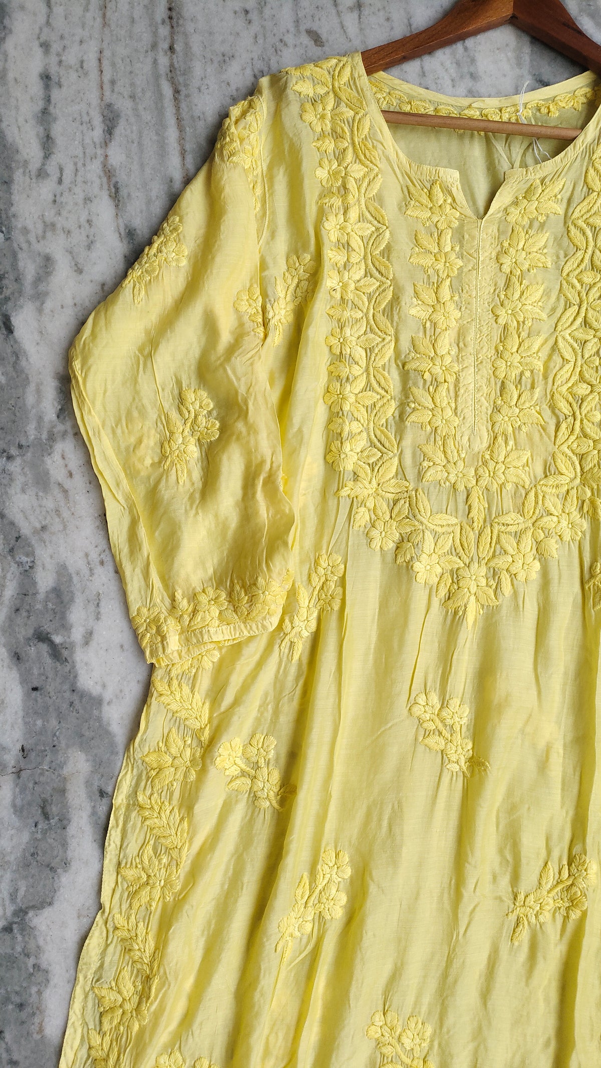 Heer Yellow Shine premium silk Chikankari long kurta by LVW Fashions, handcrafted Lucknow chikankari with intricate embroidery.