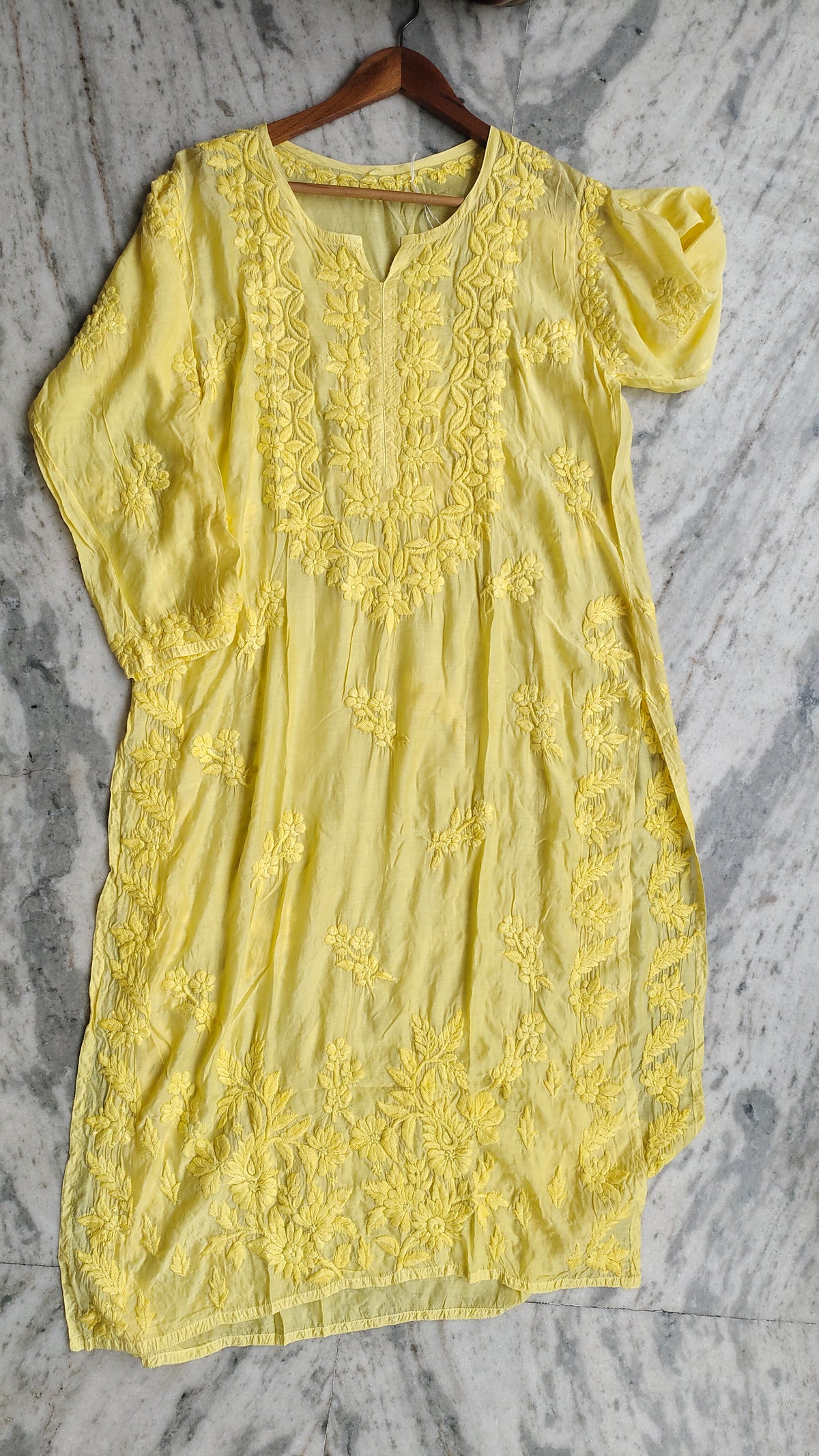 Heer Yellow Shine premium silk long kurta with intricate Lucknow chikankari embroidery by LVW Fashions, handmade elegant ethnic wear.