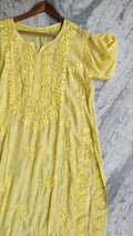 Heer Yellow Shine premium silk long kurta with intricate Lucknow chikankari embroidery from LVW Fashions.