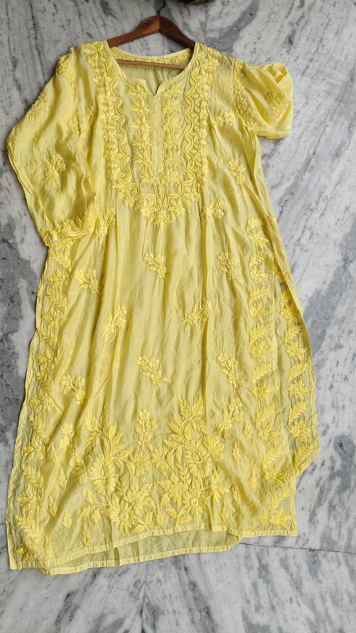Heer Yellow Shine premium silk long kurta with intricate Lucknow chikankari embroidery by LVW Fashions.