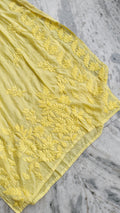 Heer Yellow Shine premium silk Chikankari long kurta by LVW Fashions, featuring intricate handmade Lucknow embroidery.