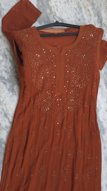 Handmade Hershey Kiss Premium Georgette Neck Bootas Chikankari Long Kurti set by LVW Fashions featuring intricate Lucknow chikankari embroidery.