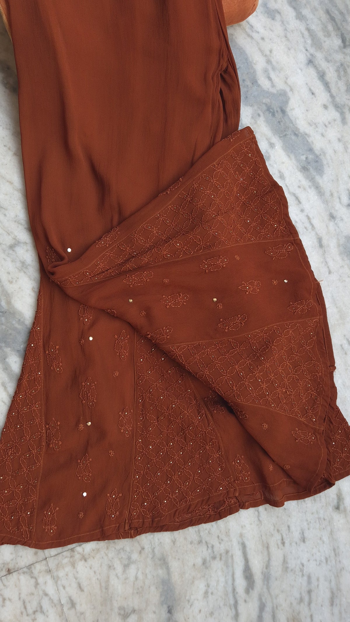Hershey Kiss Premium Georgette Neck Bootas Chikankari Long Kurti set by LVW Fashions, with intricate handmade Lucknow Chikankari.