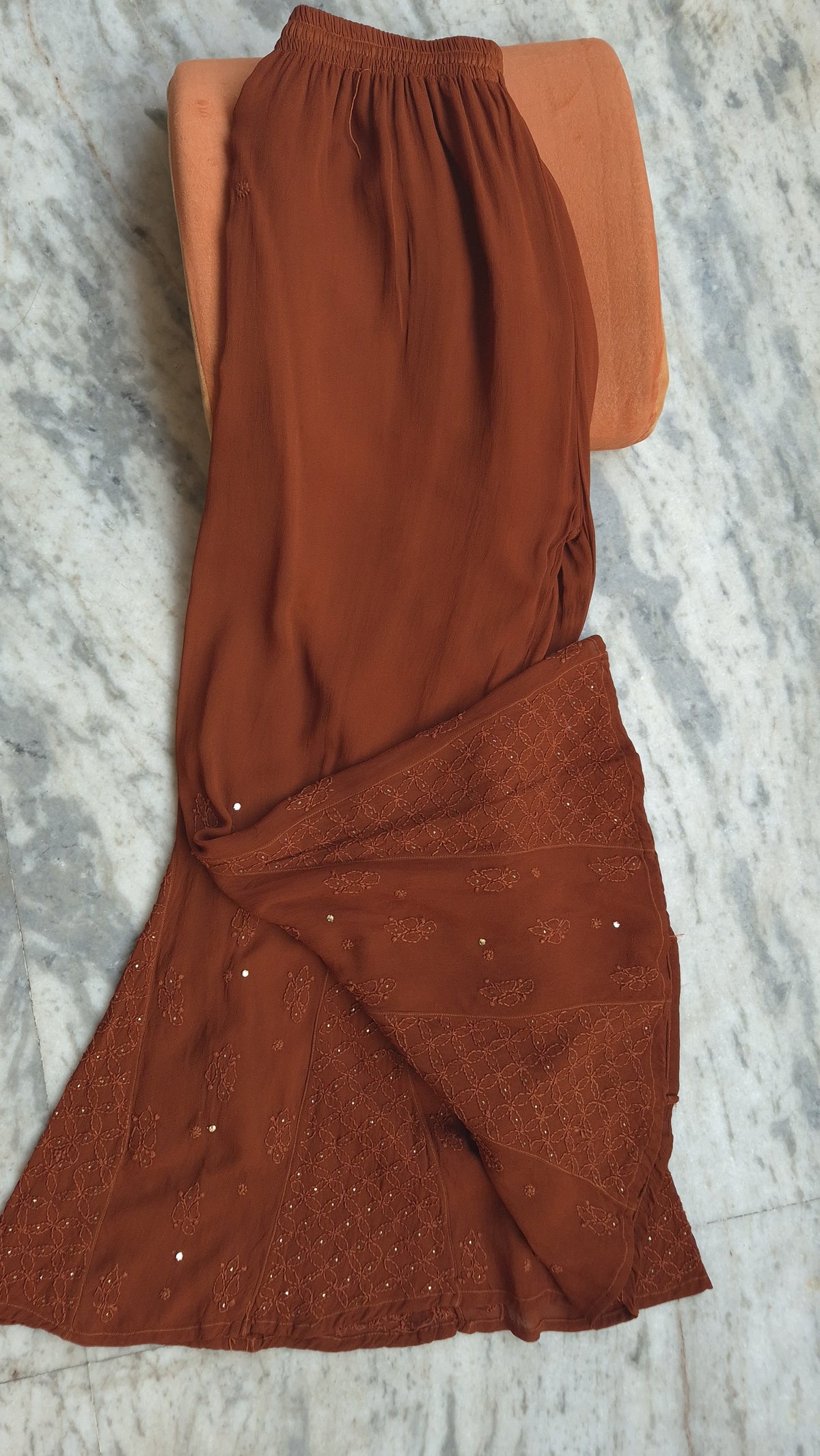 Hershey Kiss Premium Georgette Neck Bootas Chikankari Long Kurti set by LVW Fashions, featuring intricate Lucknow chikankari embroidery.