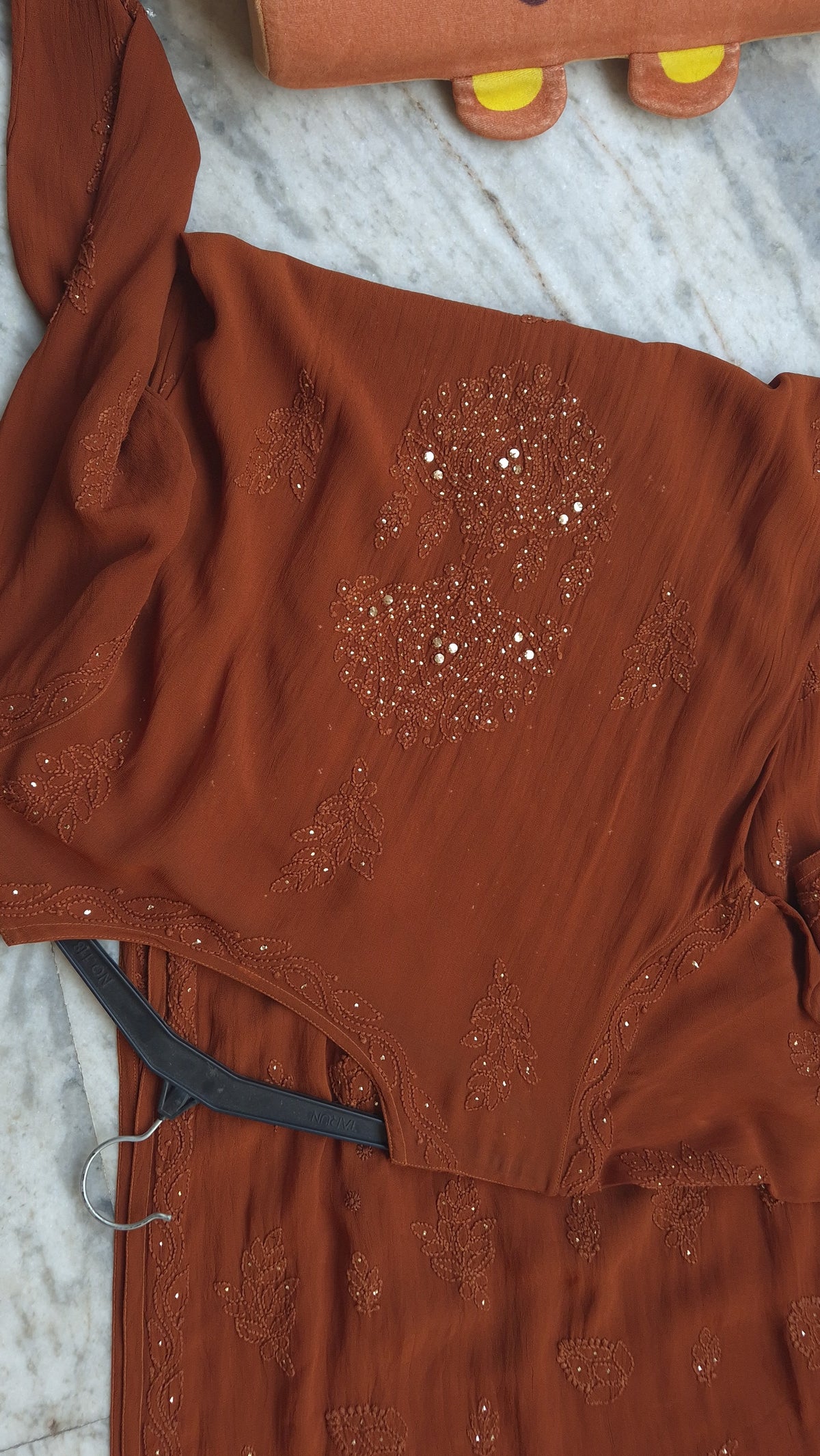 Handmade Hershey Kiss Premium Georgette Neck Bootas Chikankari Long Kurti set by LVW Fashions with intricate Lucknow Chikankari details
