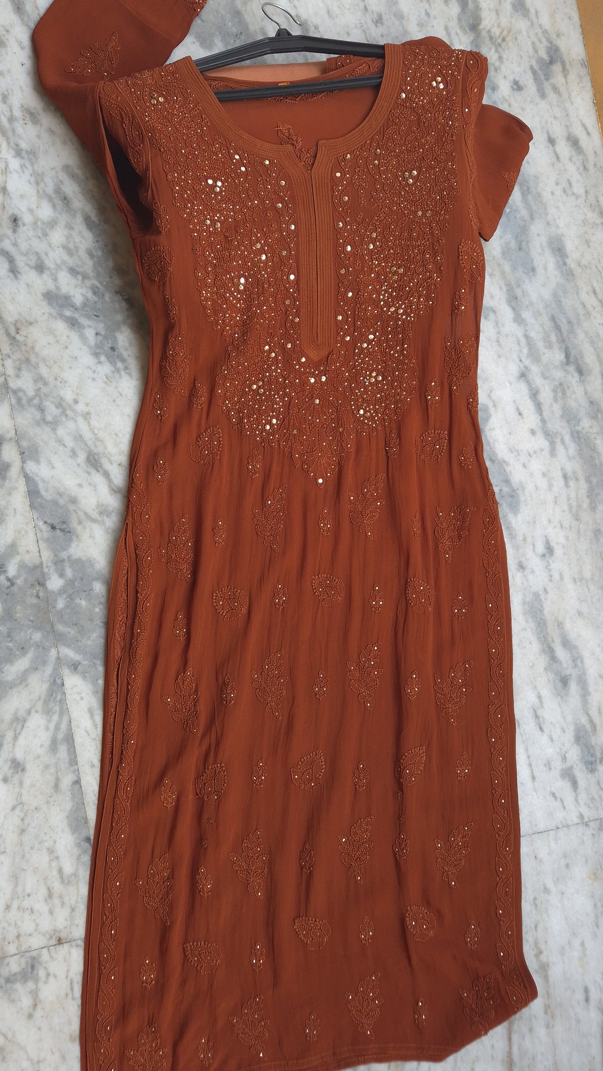 Hershey Kiss premium georgette long kurti set with handmade Lucknow Chikankari, featuring neck bootas and intricate embroidery.